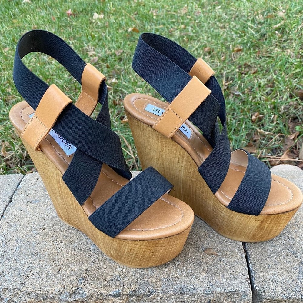 Steve Madden Crisscross Leather and Wood Wedges